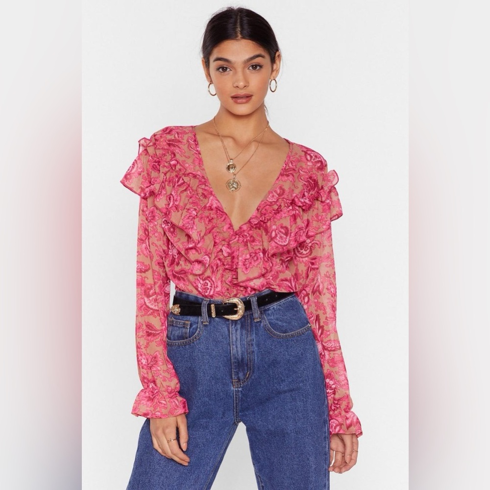 Nasty Gal Top Womens Size 8 Pink Floral Ruffle Romantic Girly Cause A Stir